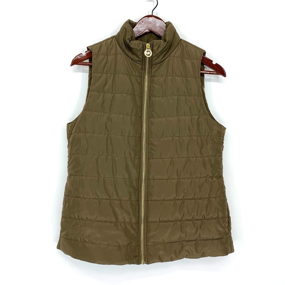 Michael Kors Golden Olive Brown Full Zip Puffer Vest With Gold Hardware Sz Small